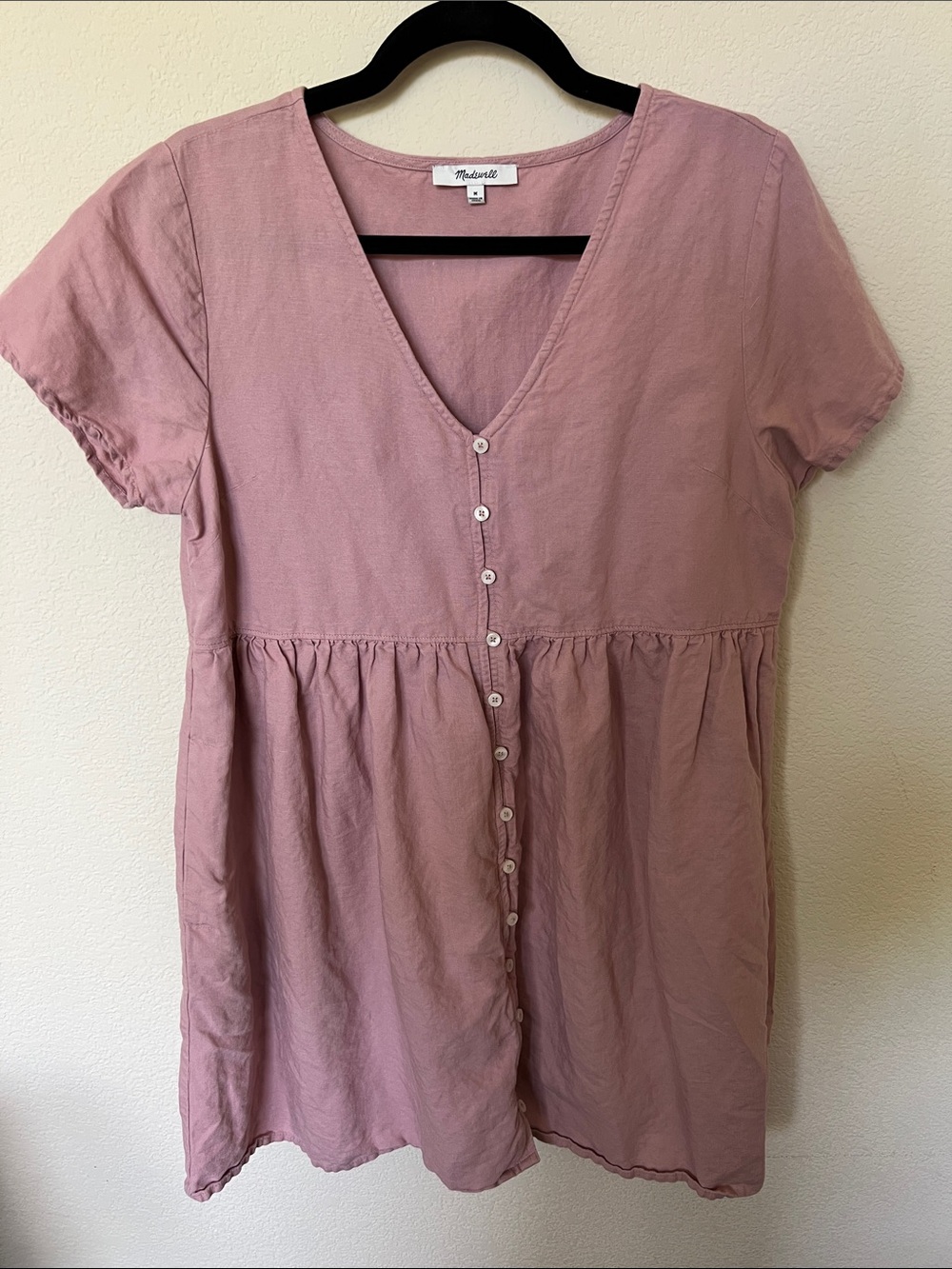 Madewell Alexandra Linen Blend Dusty Mauve Button-Front V-Neck Baby Doll Dress